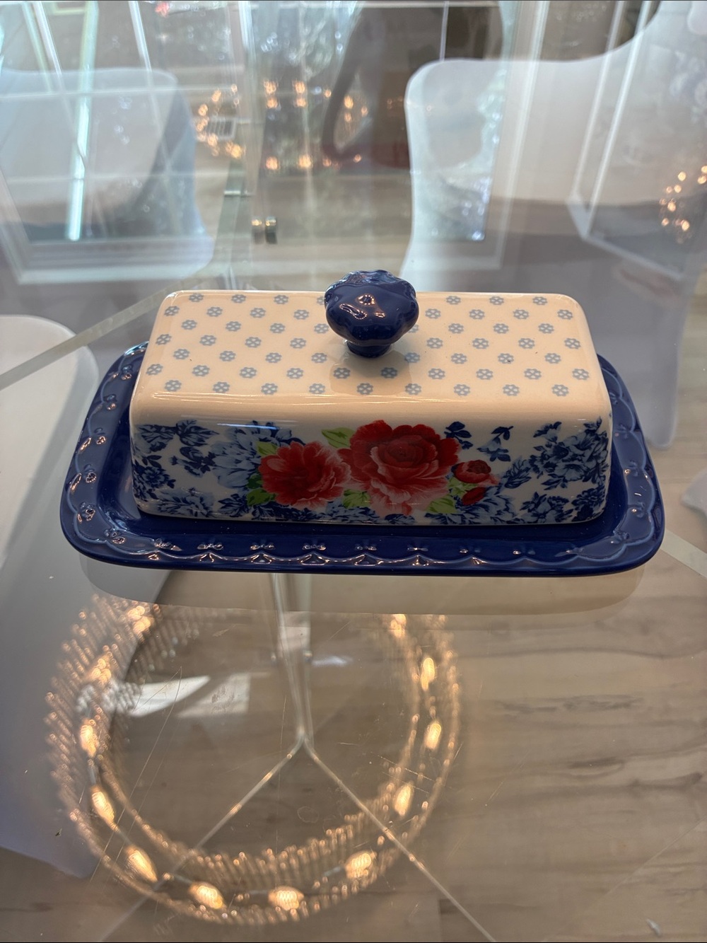The Pioneer Woman Blue Floral Ceramic Butter Dish with Red Roses